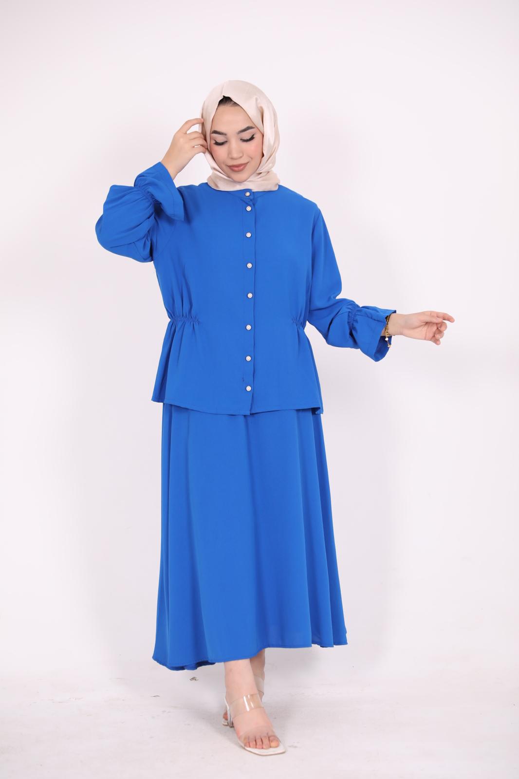 Blue Suit with Gathered Waist Skirt