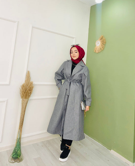 Bracelet Sleeve Belted Coat Gray