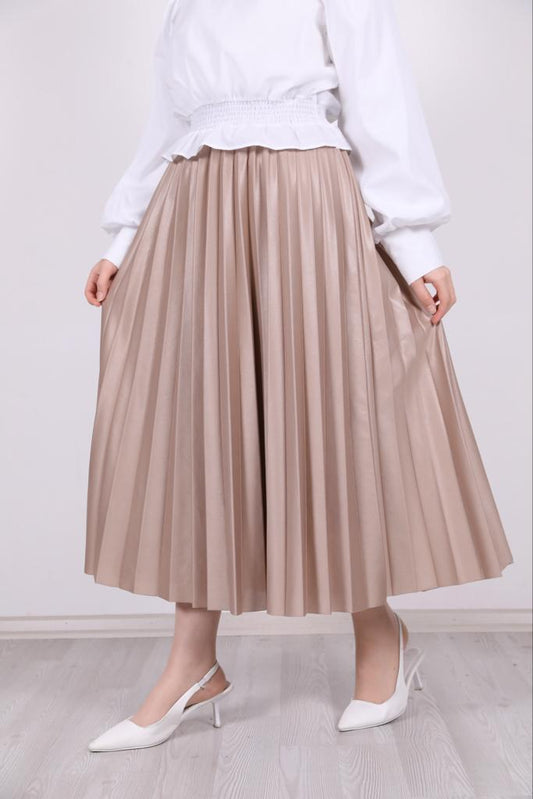 Leather Look Pleated Skirt Mink