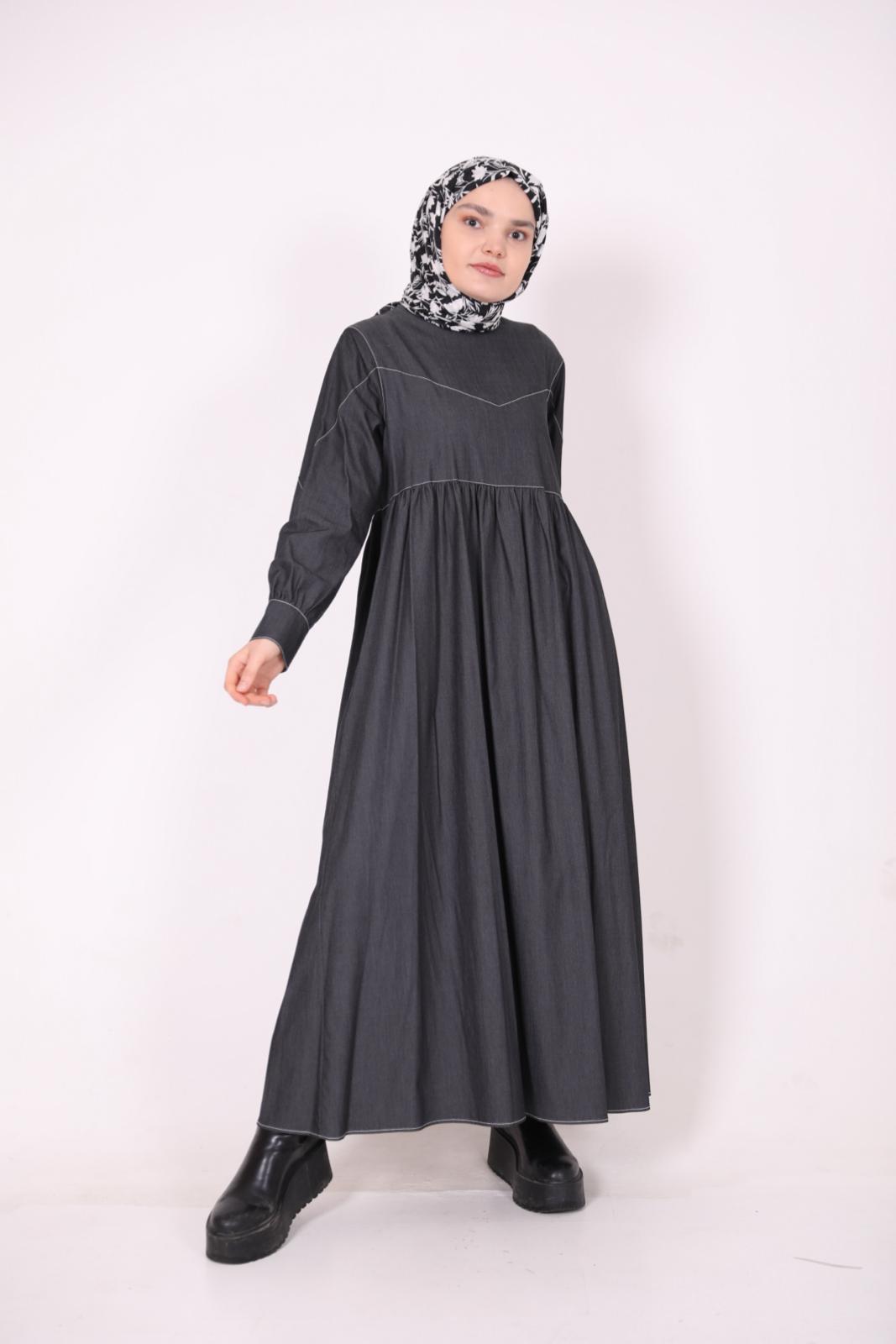 Dikiş Detaylı Kot Elbise Siyah