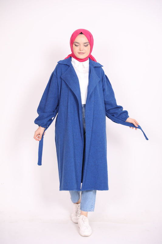 Balloon Sleeve Belted Coat Blue