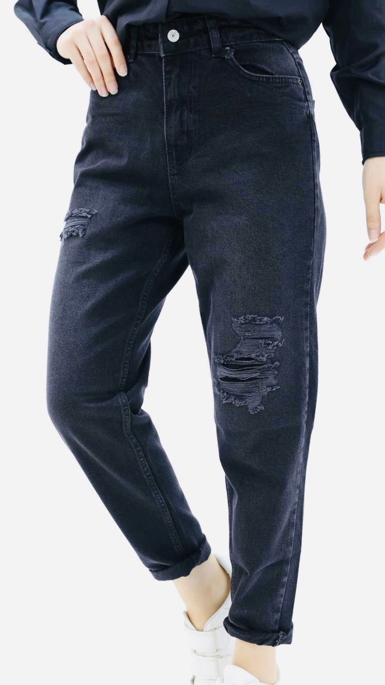 Mom Jean Trousers with Slits at the Knees Black