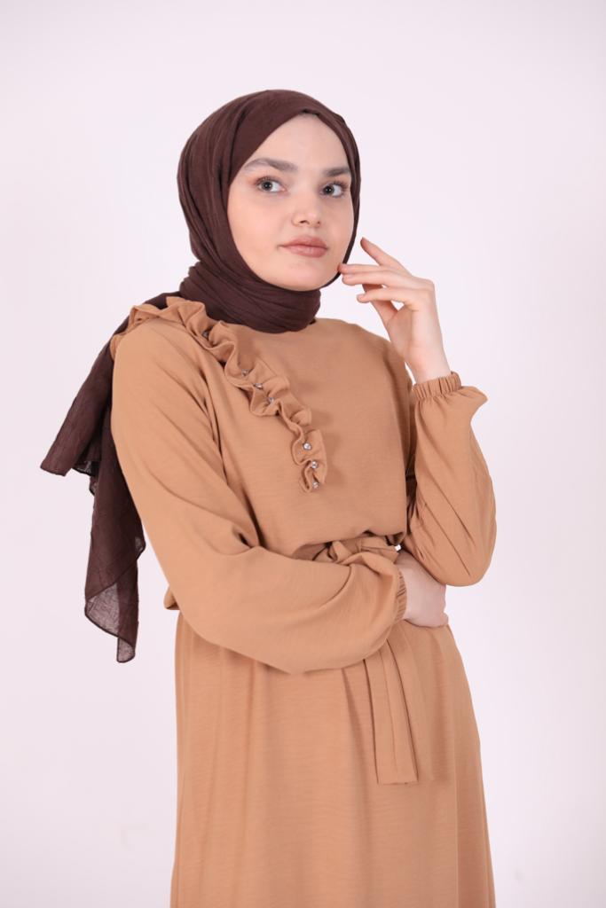 Ruffle Detailed Stone Dress Camel