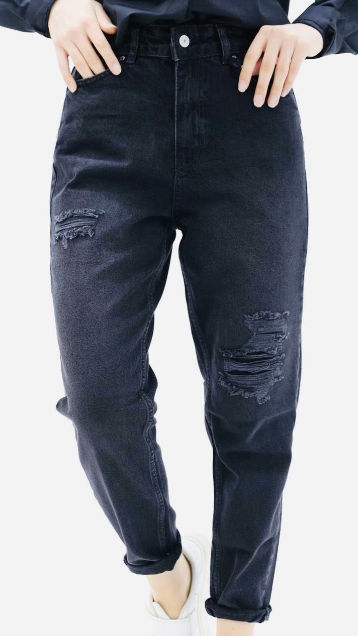 Mom Jean Trousers with Slits at the Knees Black