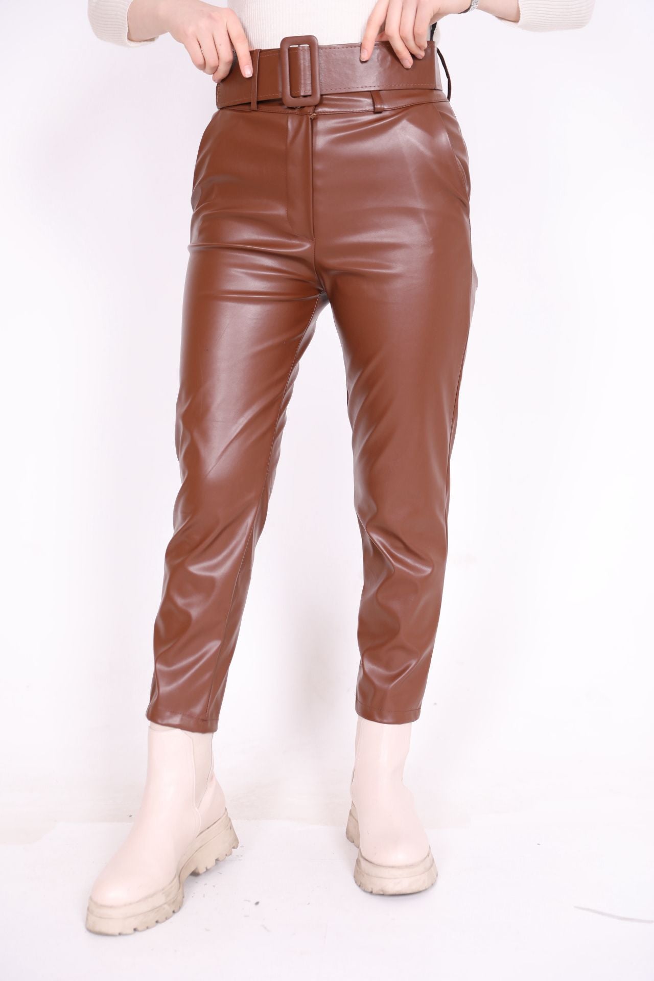 Wide Belt Leather Trousers Tan
