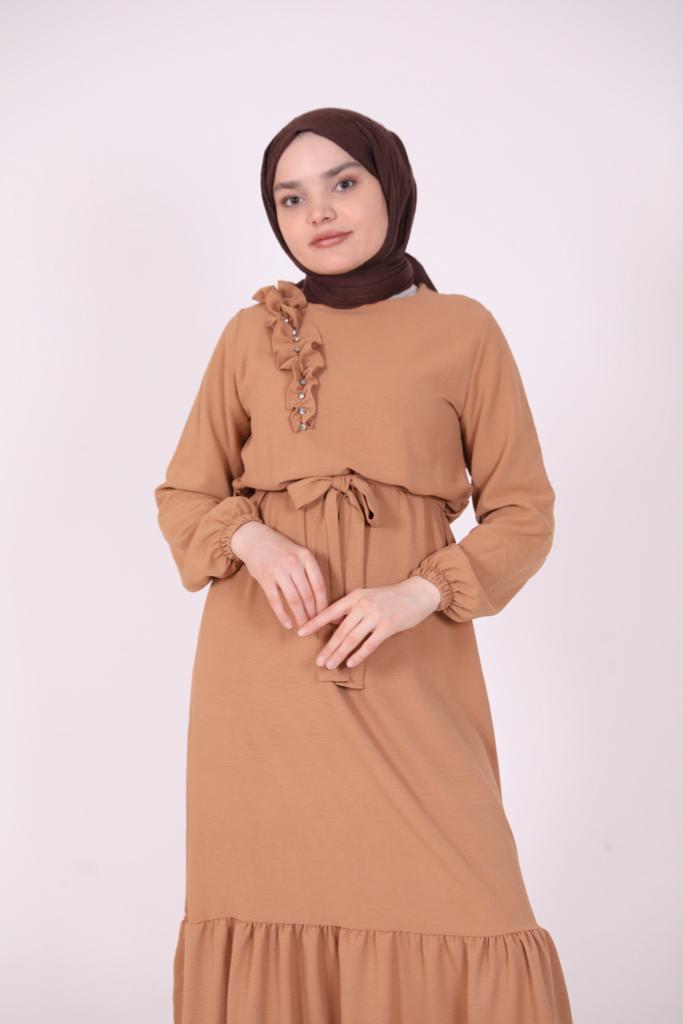 Ruffle Detailed Stone Dress Camel