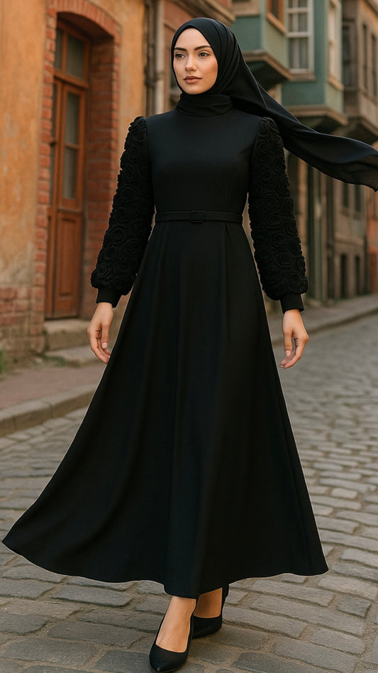 Kolu Gül Modelli Saten Abiye Siyah