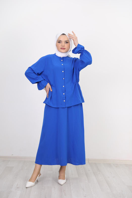 Blue Suit with Gathered Waist Skirt