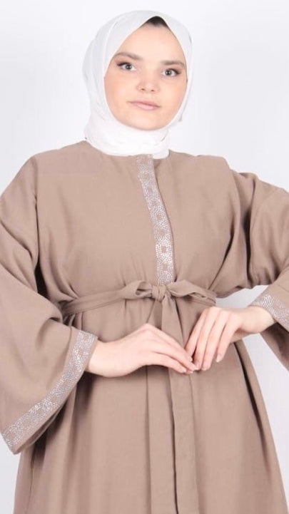 Taş İşlemeli Abaya Vizon