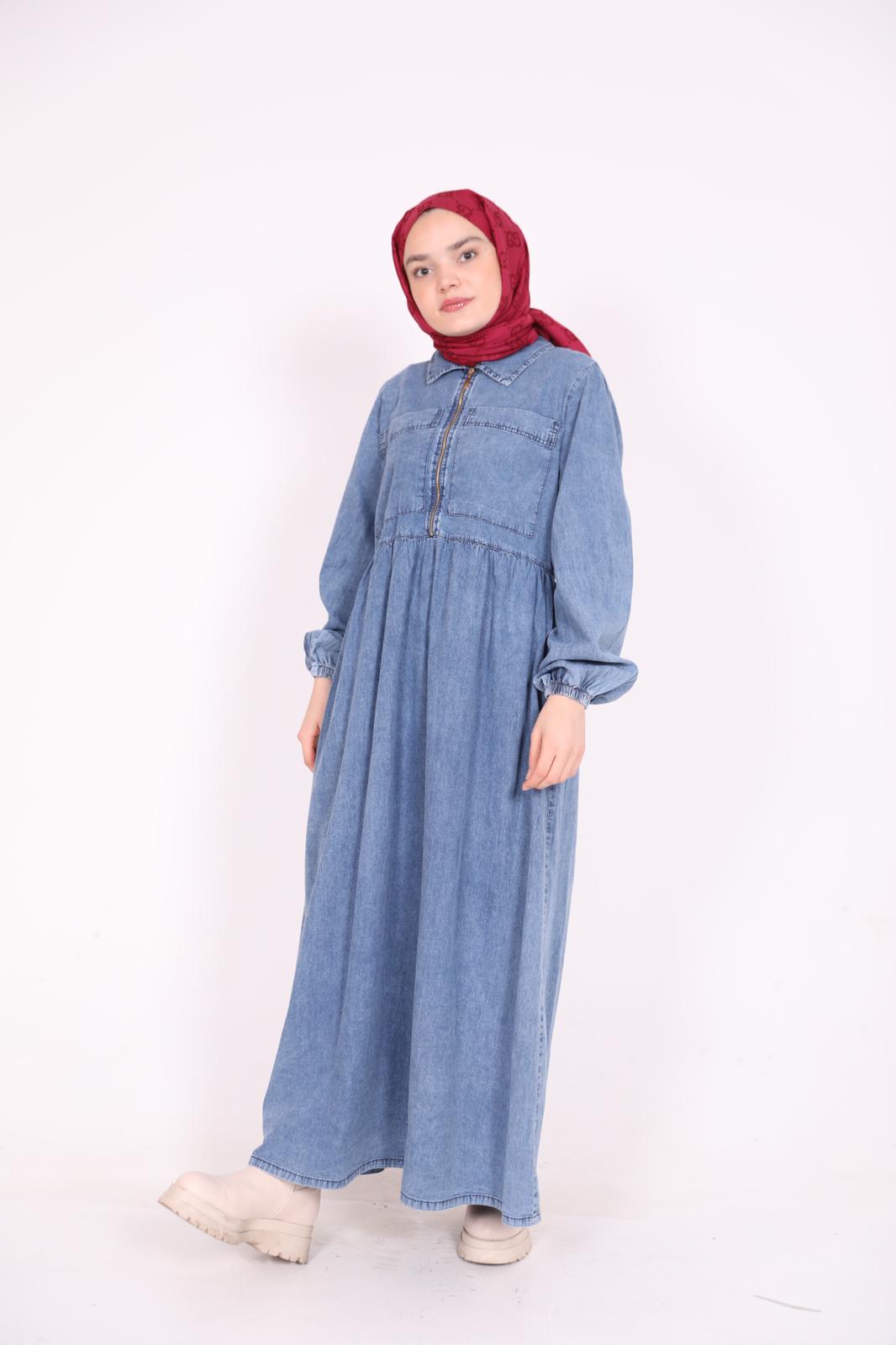 Fermuarlı Kot Elbise Mavi