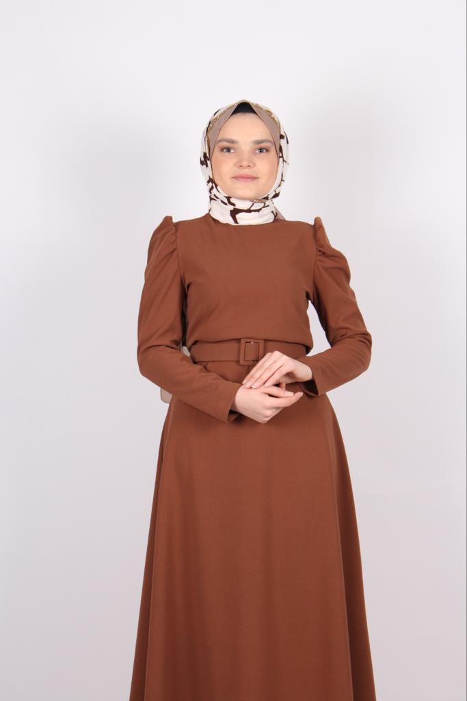 Belted Balloon Sleeve Crepe Dress Camel