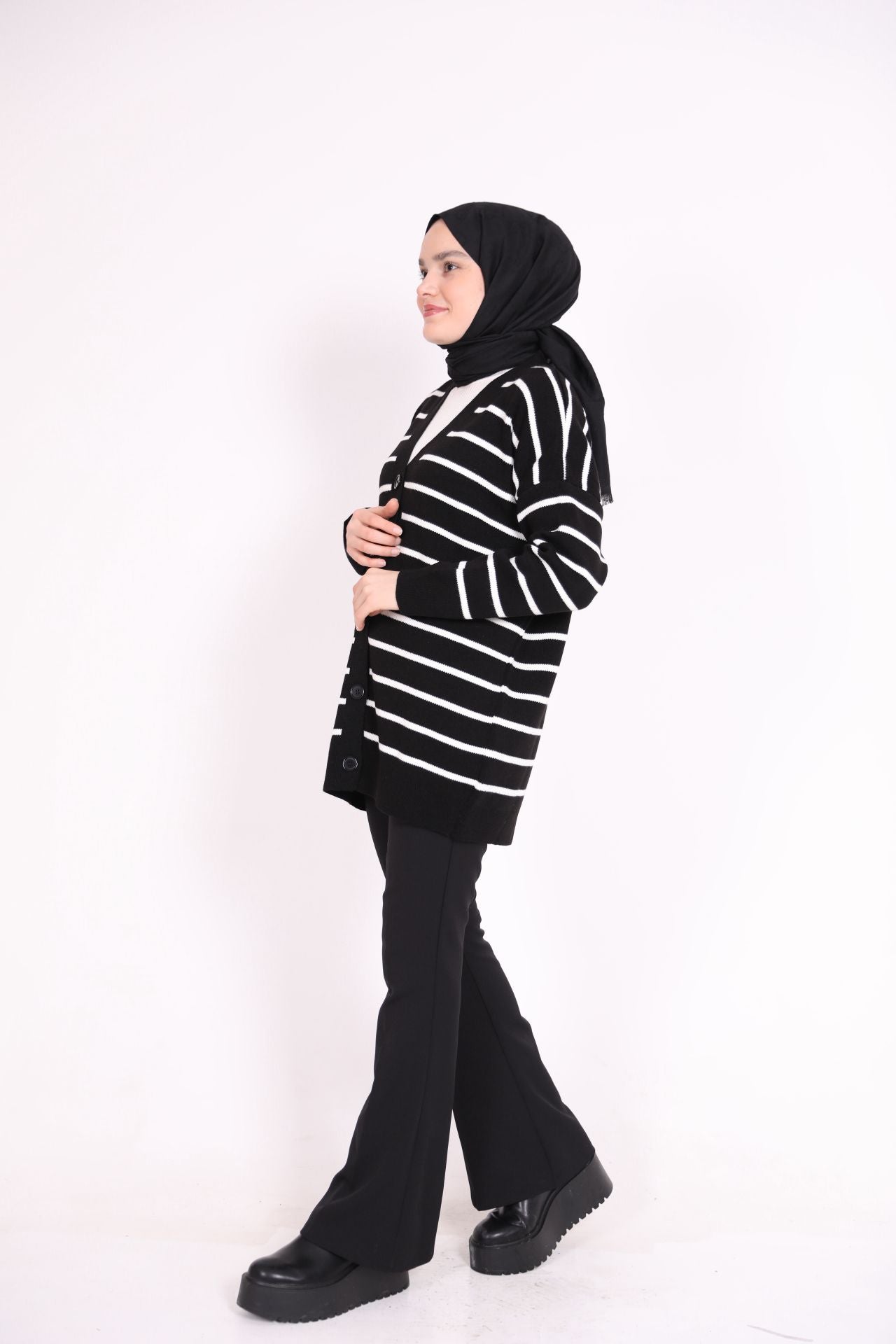 Striped Buttoned Cardigan Black