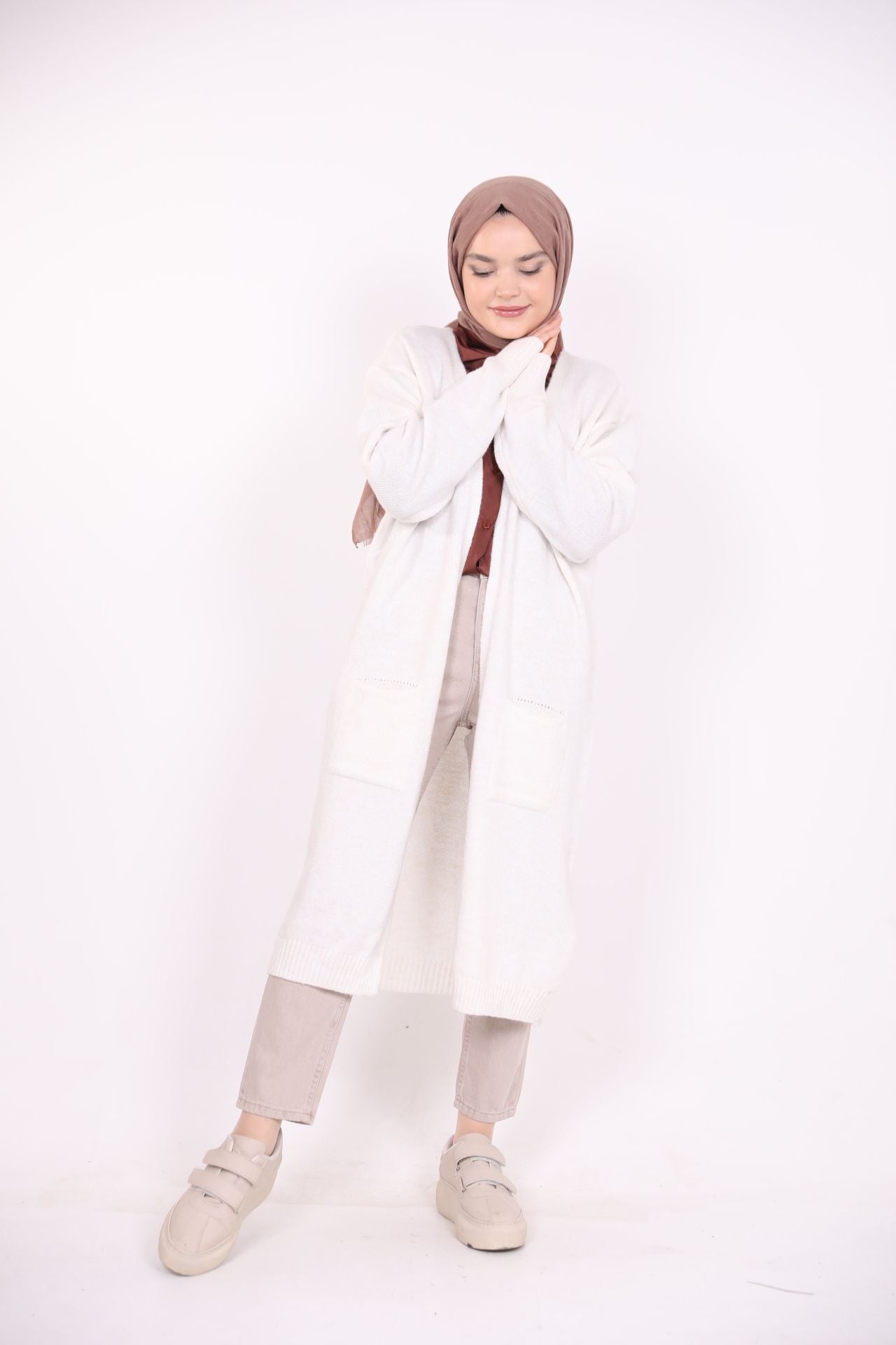 Long Cardigan with Pockets White