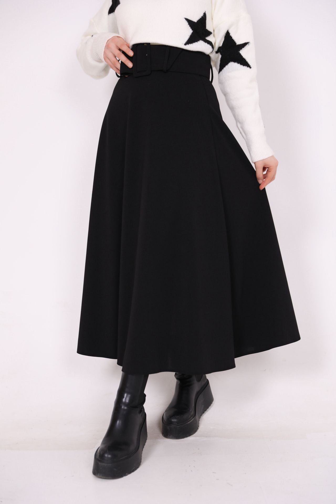 Belted Crepe Fabric Kilos Skirt Black