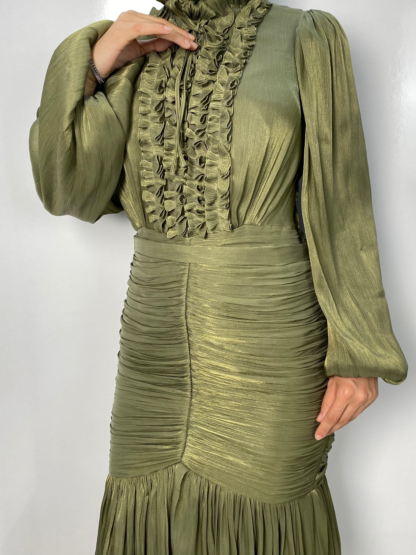 Önü Fırfır ve Kat Kat Model Abiye Yeşil