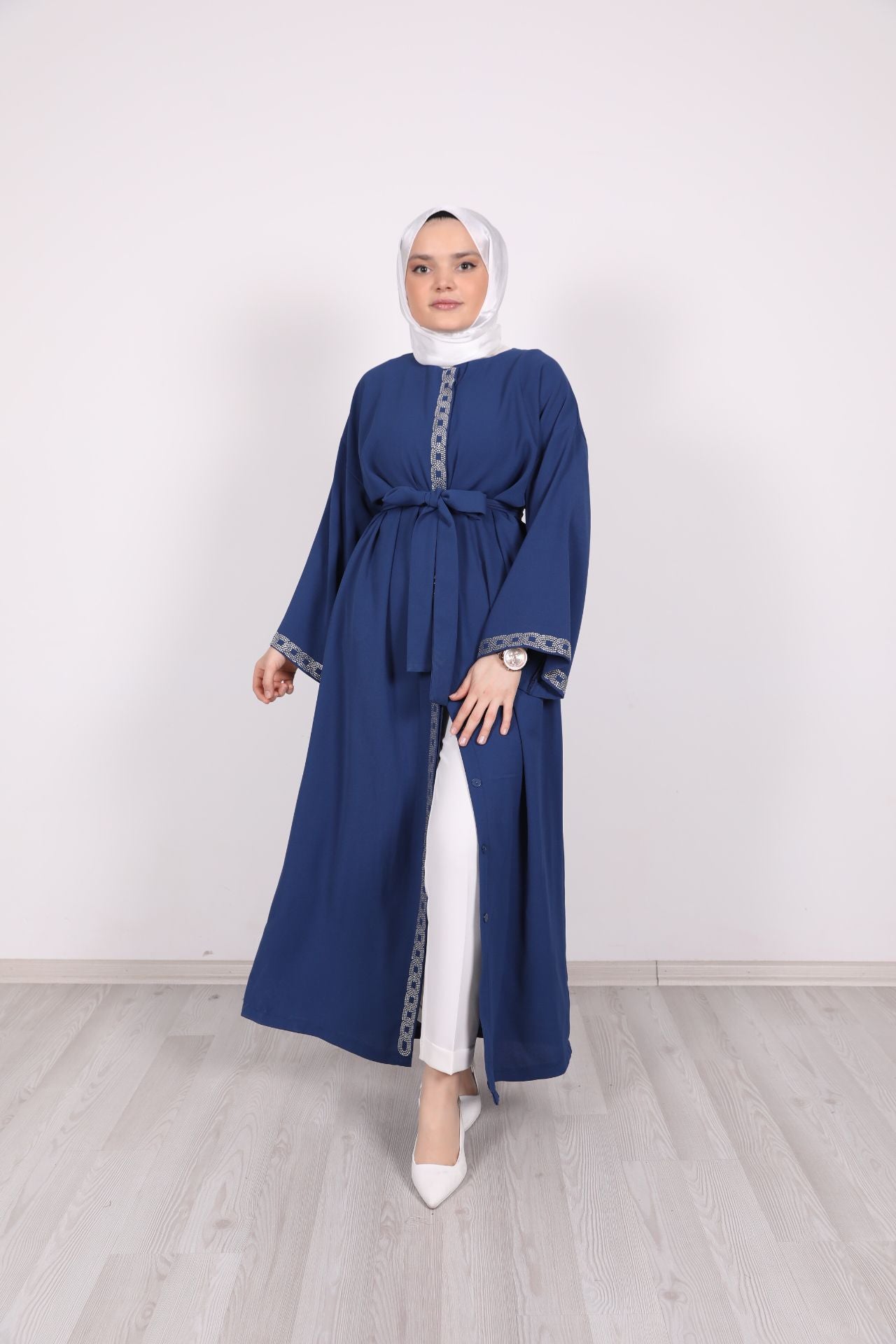 Taş İşlemeli Abaya Mavi