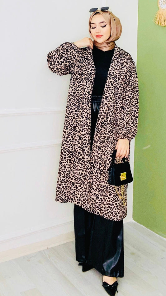Leopar Desenli Kuşaklı Trenç Kahve