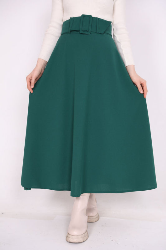 Belted Crepe Fabric Kiloş Skirt Green