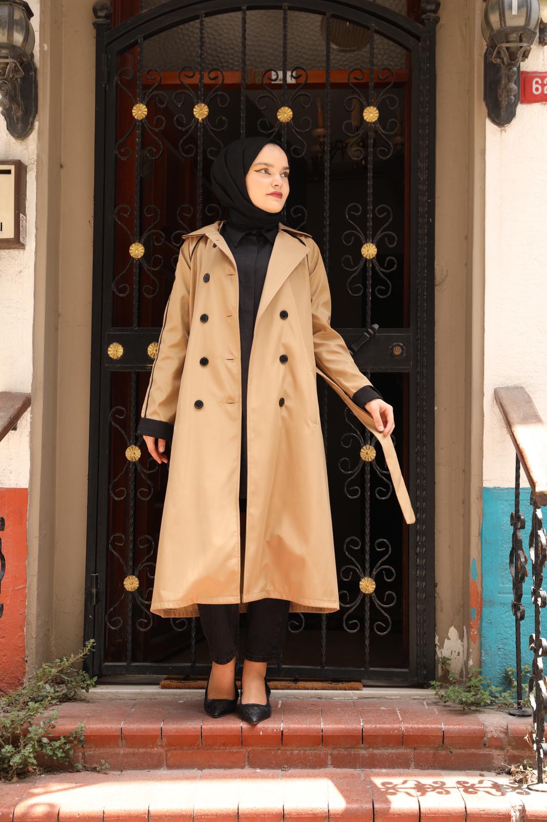 Trench Camel with Stripe and Button Detail
