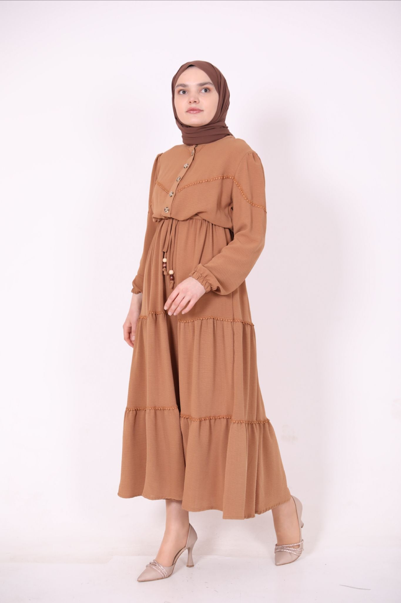 Belted Laced Dress Camel