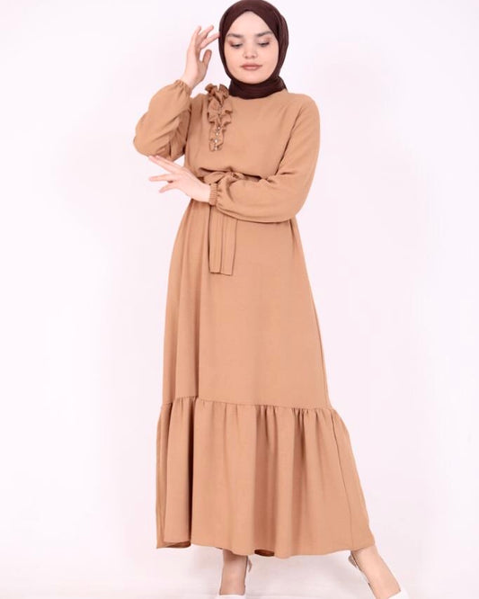 Fırfır Detaylı Taşlı Elbise Camel