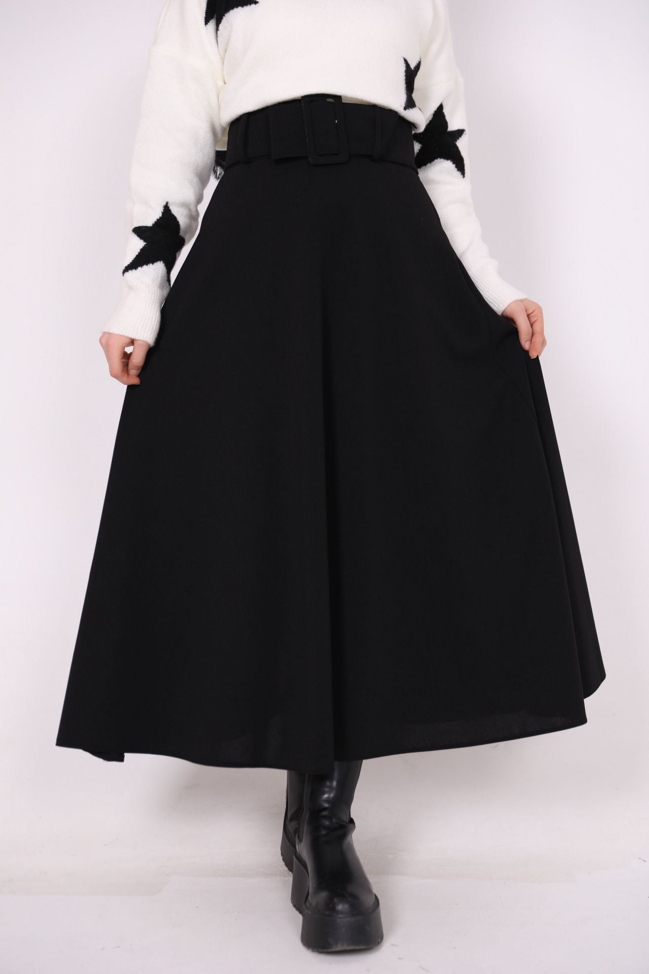 Belted Crepe Fabric Kilos Skirt Black