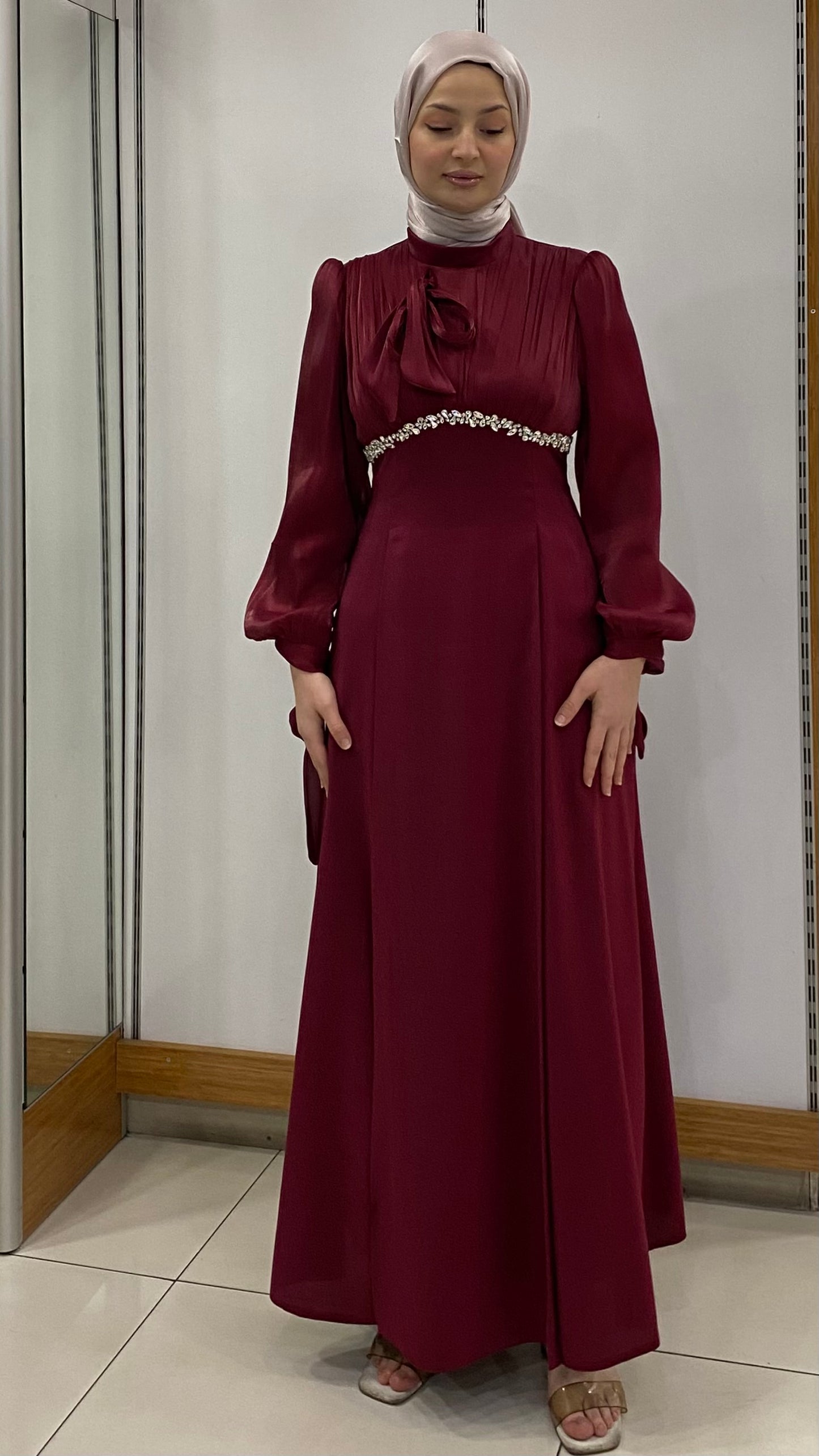 Beli Taş tasarımlı Fenomen Abiye Bordo