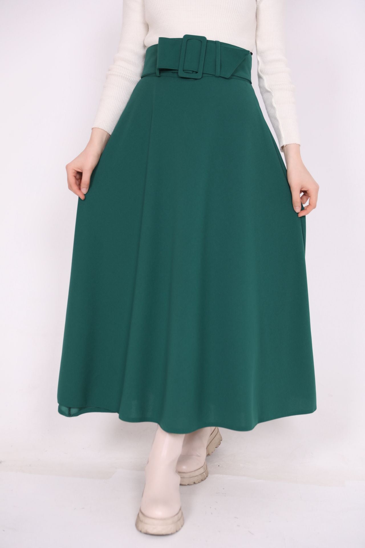 Belted Crepe Fabric Kiloş Skirt Green