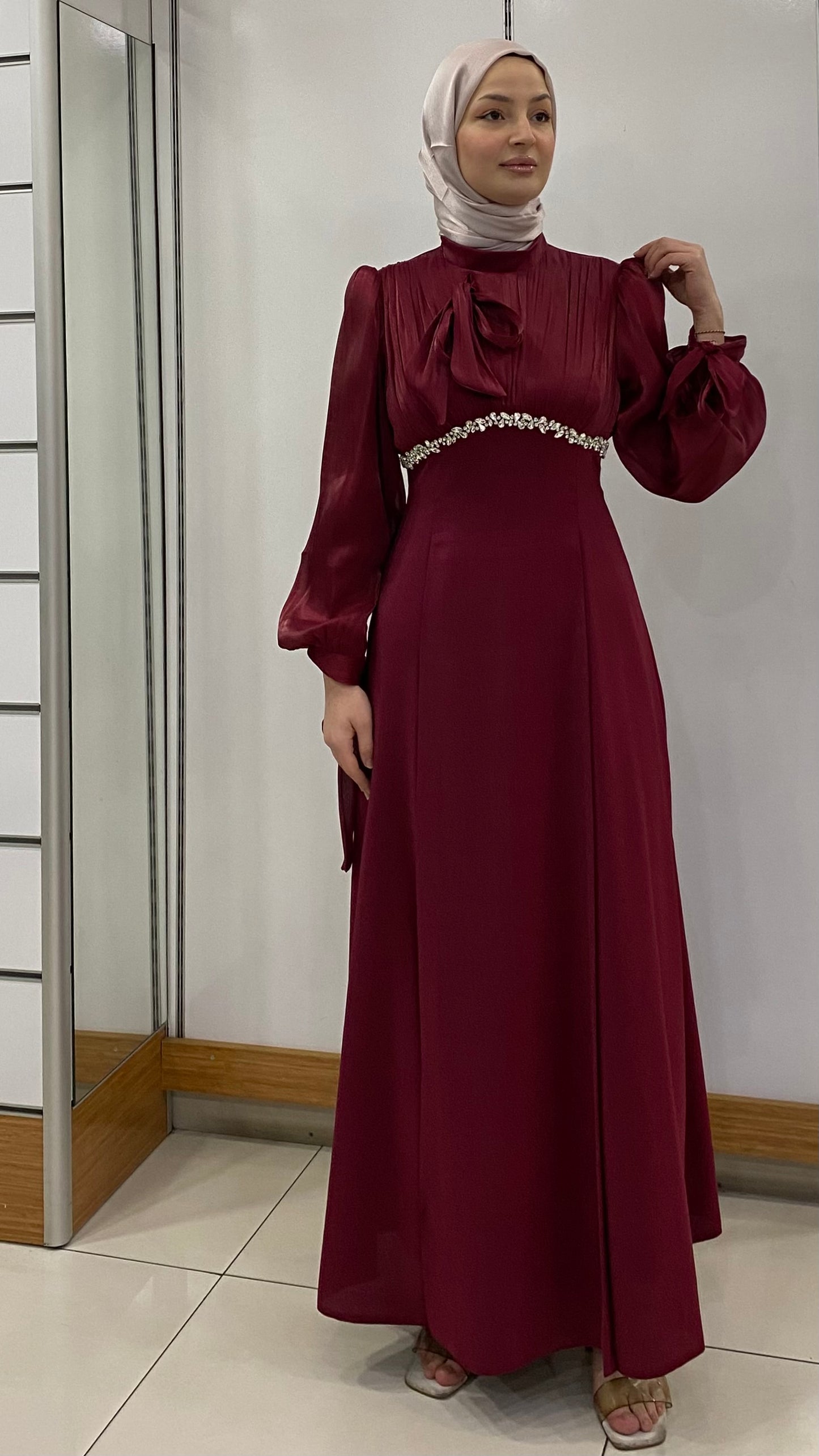 Beli Taş tasarımlı Fenomen Abiye Bordo