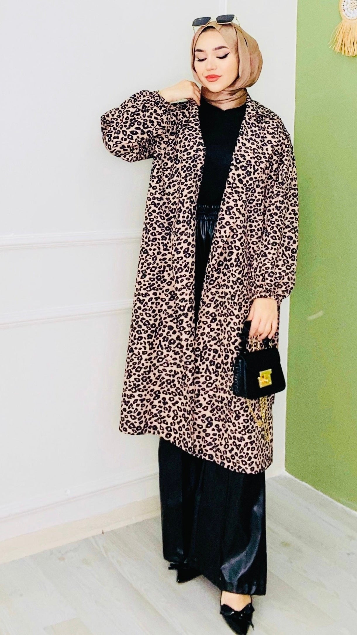 Leopar Desenli Kuşaklı Trenç Kahve