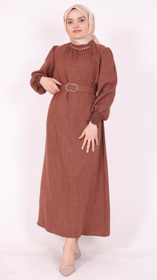 Stoned Collar Belted Dress Brown