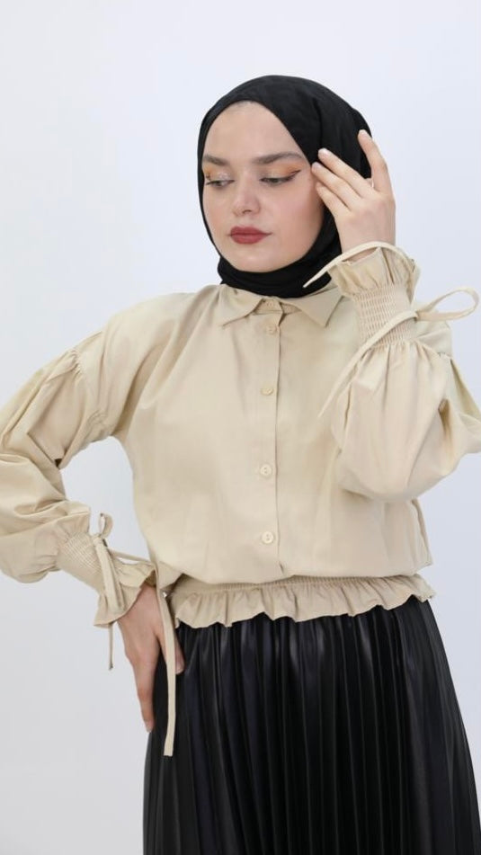 Sleeve and Waist Gathered Blouse Beige