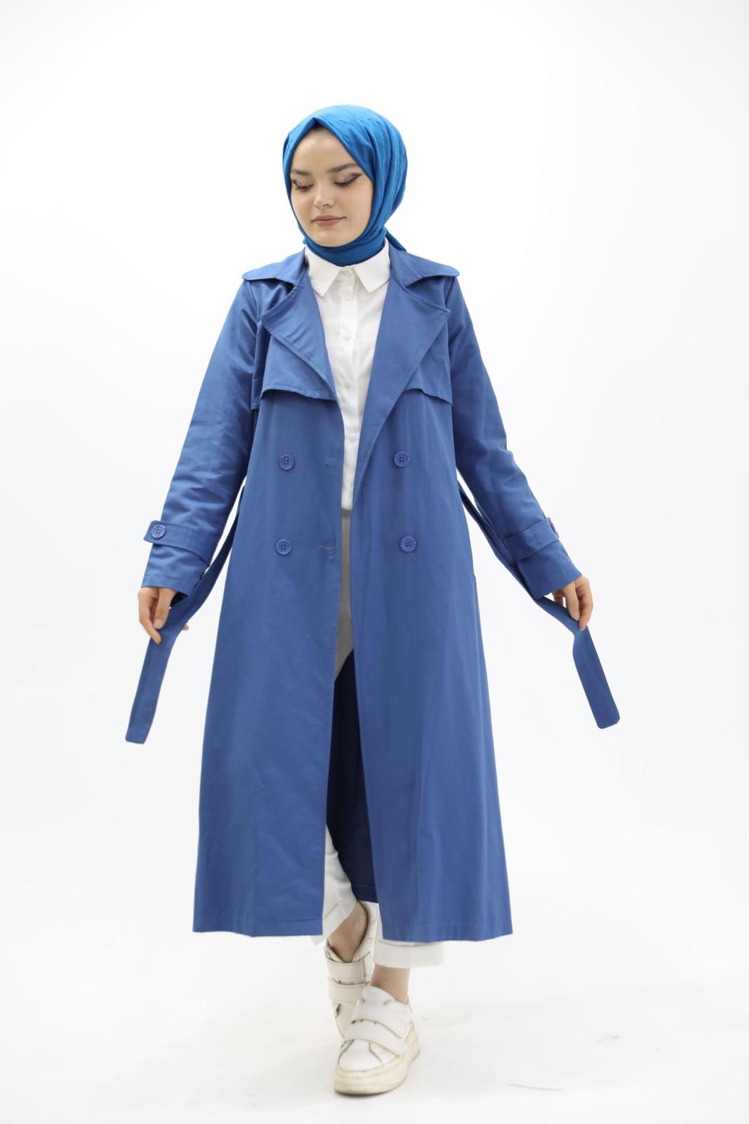 Button and Waist Lace Trench Blue