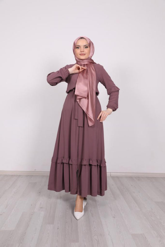 Dusty Rose Abaya with Frilled Skirt and Sleeves