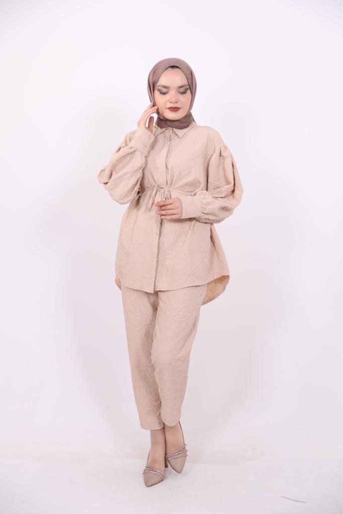 Embossed Belted Double Suit Beige