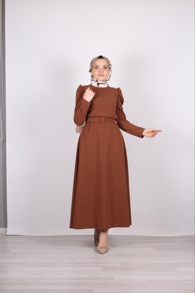 Belted Balloon Sleeve Crepe Dress Camel