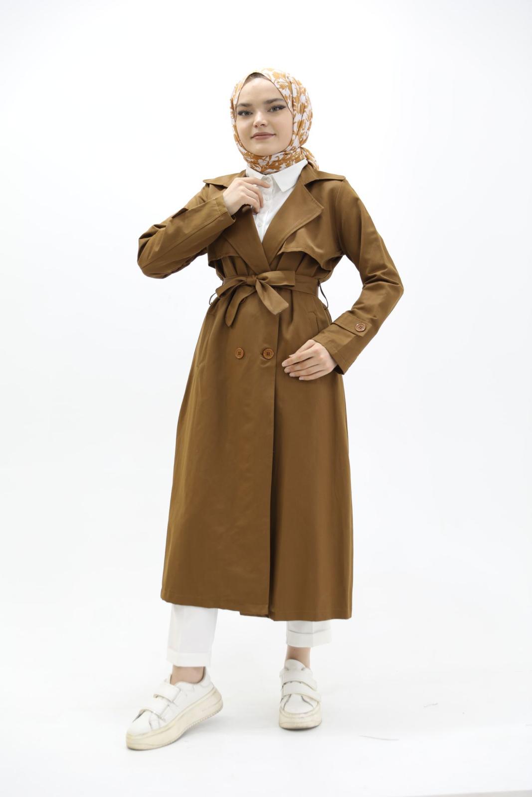Button and Waist Lace Trench Camel