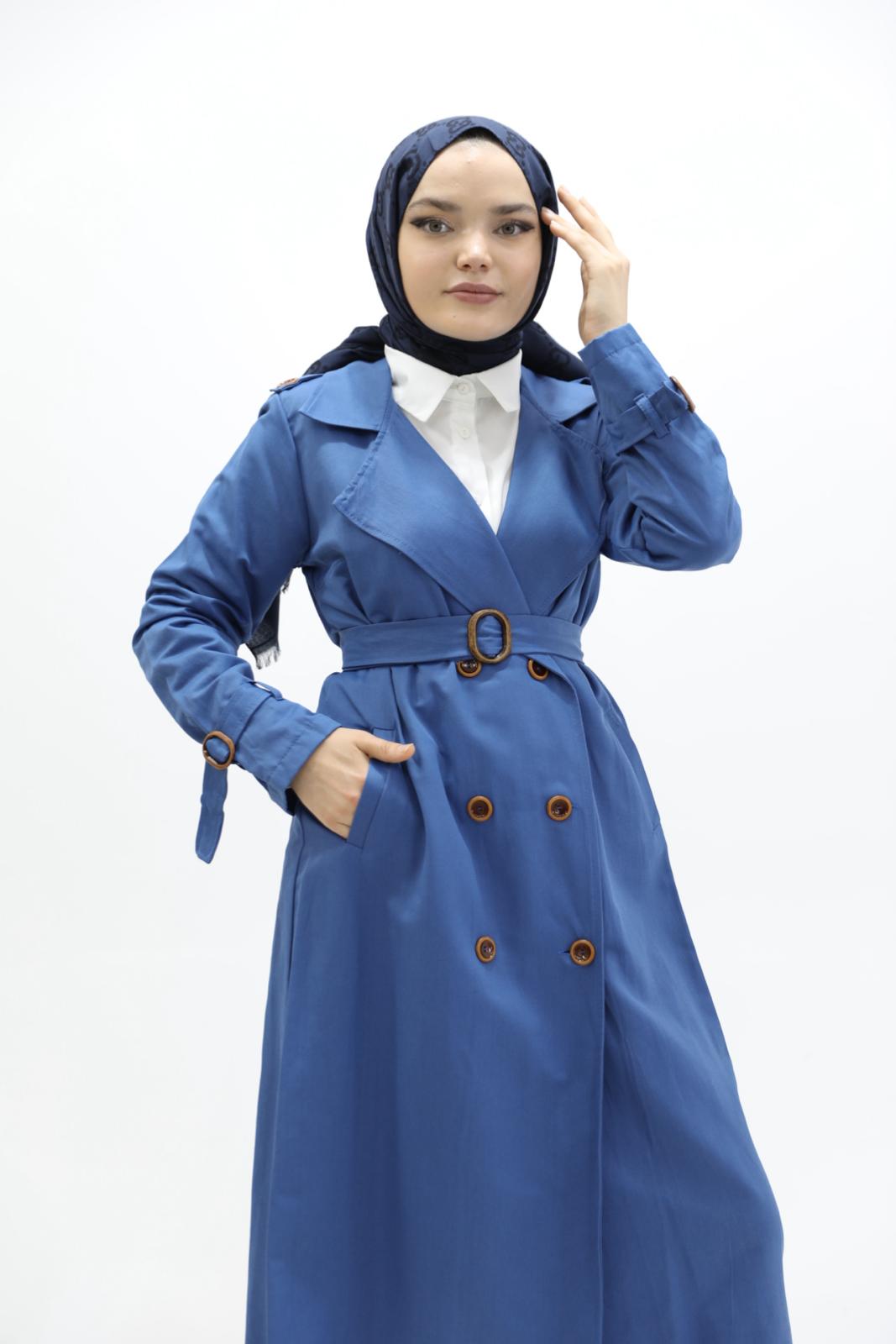 Buttoned Shoulder Trench Blue