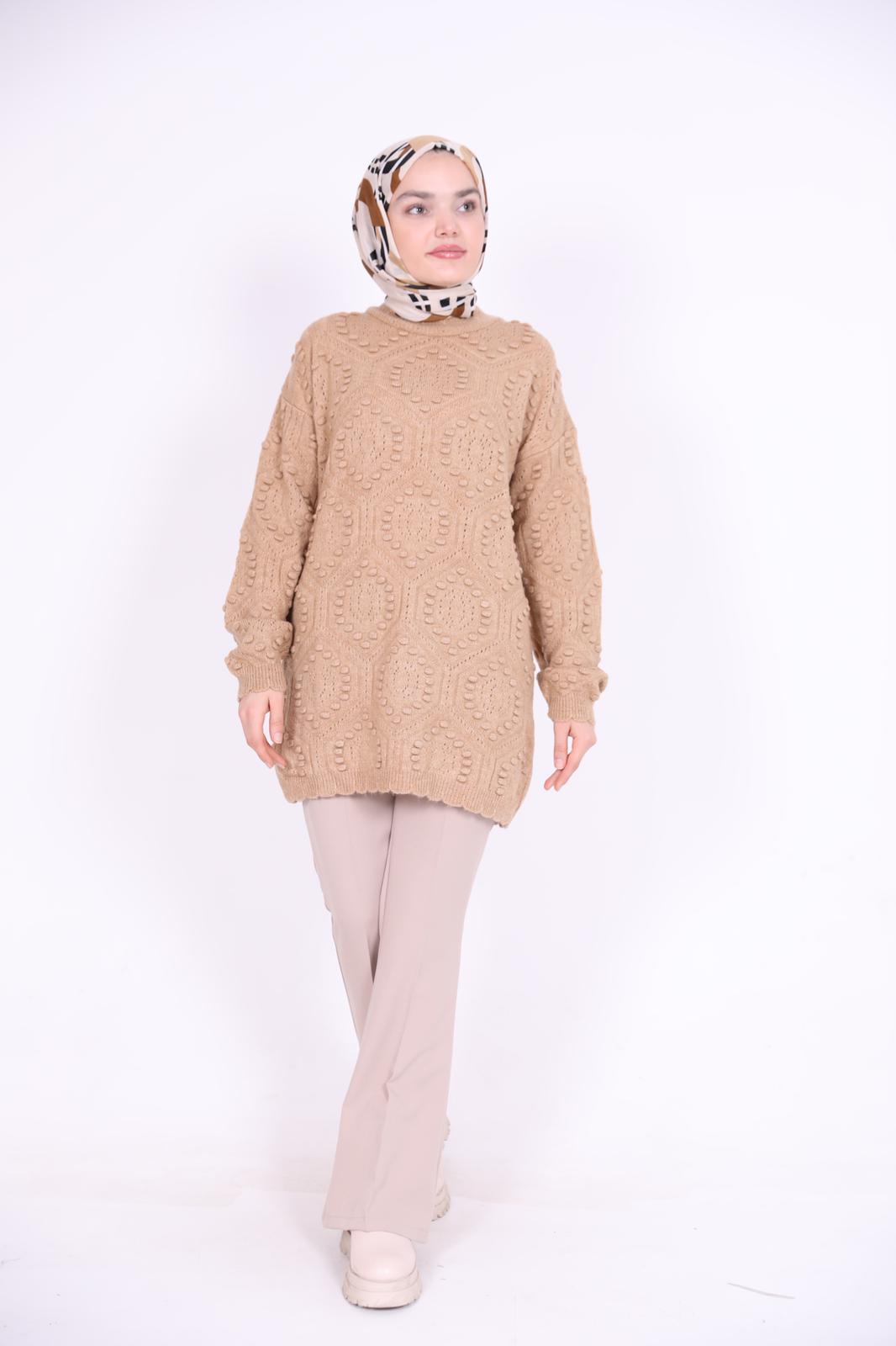 Embossed Patterned Araboy Sweater Camel