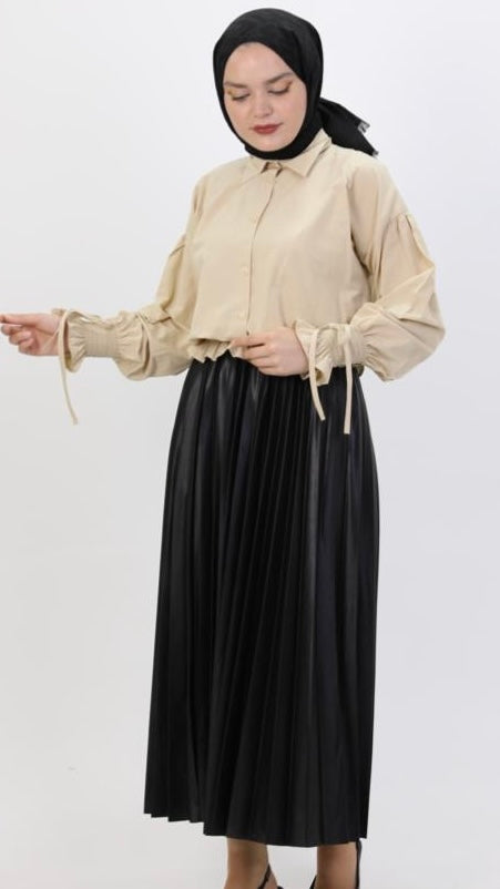Sleeve and Waist Gathered Blouse Beige