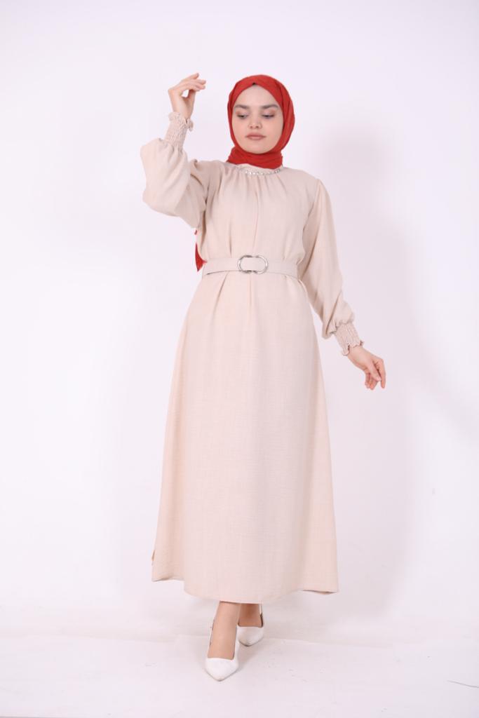 Stoned Belted Dress Beige