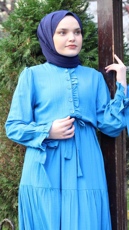 Kolları Bağlamalı Kuşaklı Elbise Mavi