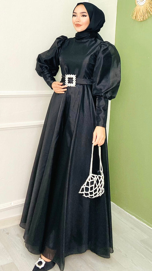 Beli Kemerli Balon Kol Abiye Siyah