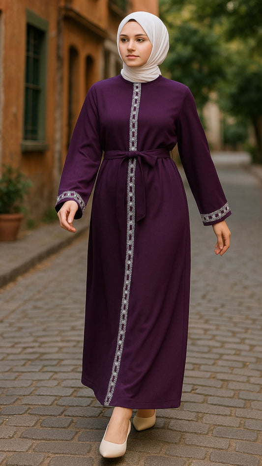 Taş İşlemeli Abaya Mor