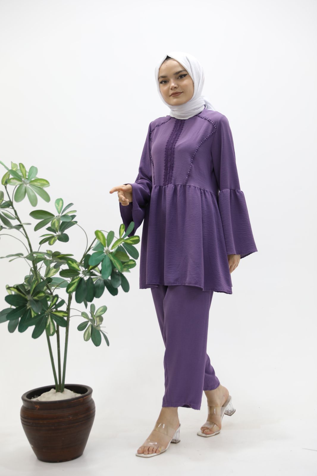 Wide Sleeve Lace Detailed Suit Purple