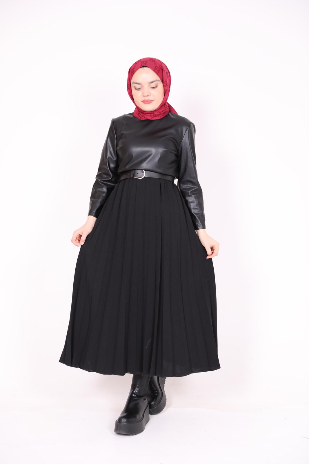 Leather Detailed Pleated Dress Black