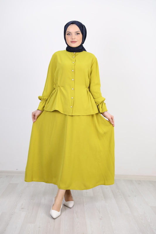 Suit with Gathered Waist Skirt, Oil Green