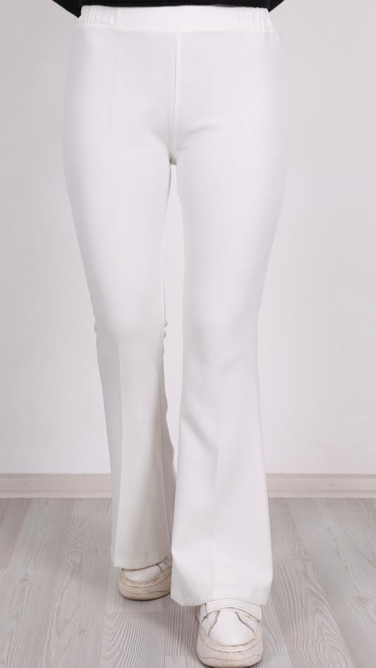 Beli Lastikli İspanyol Paça Pantolon Beyaz