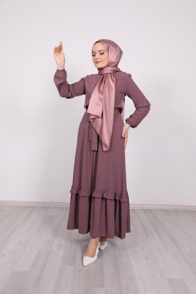 Dusty Rose Abaya with Frilled Skirt and Sleeves