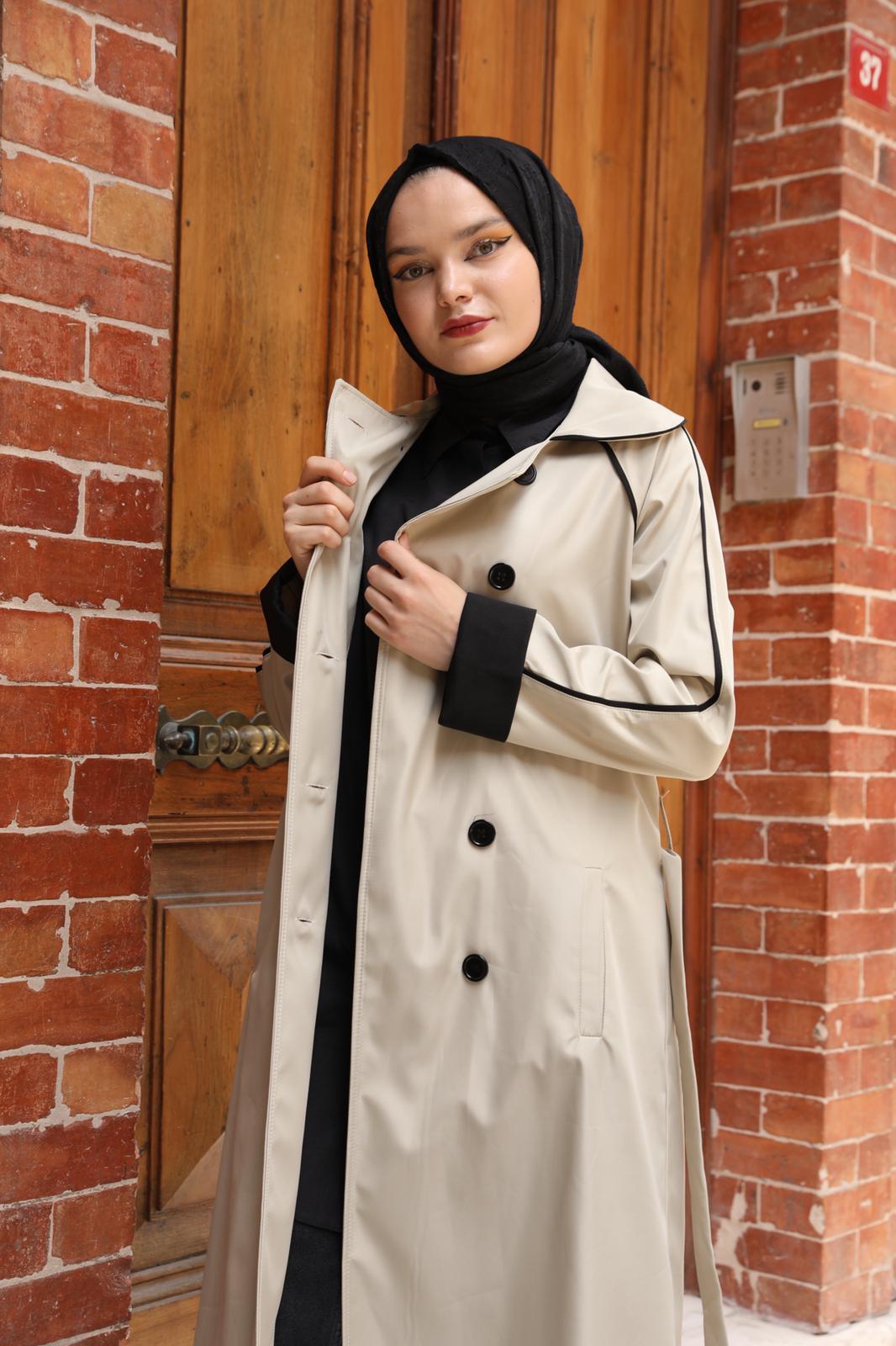 Trench with Stripe and Button Detail Beige
